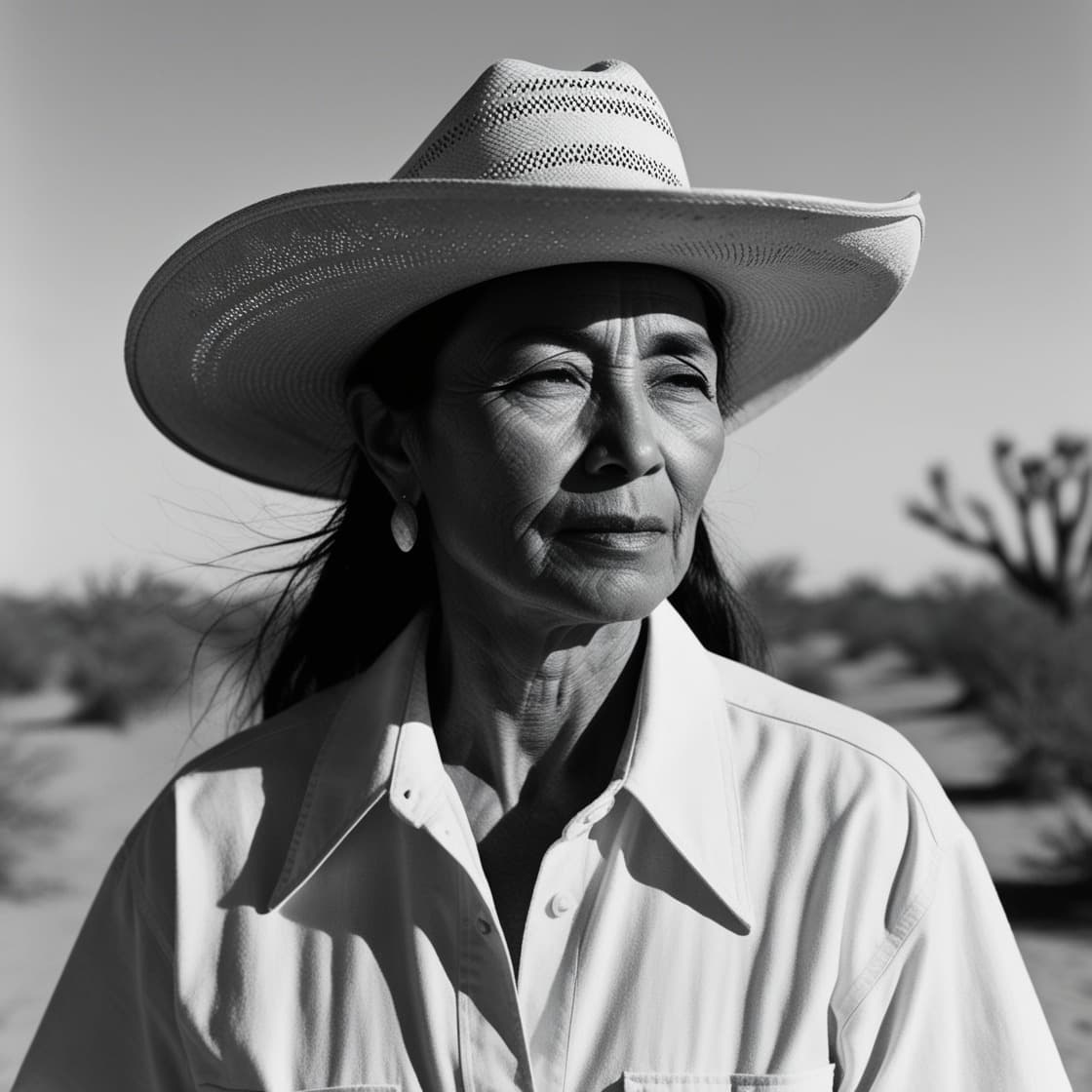 A black and white photo of a woman wearing a sun hat taken from a Leica M3 in a sunny day